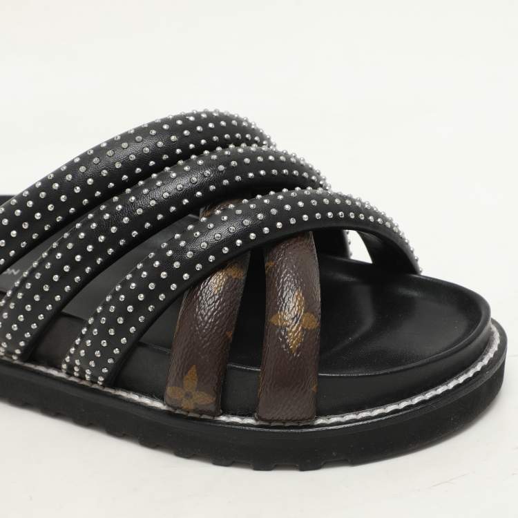 Pre Owned Louis Vuitton Black Monogram Canvas and Leather Slide Sandals Size 37