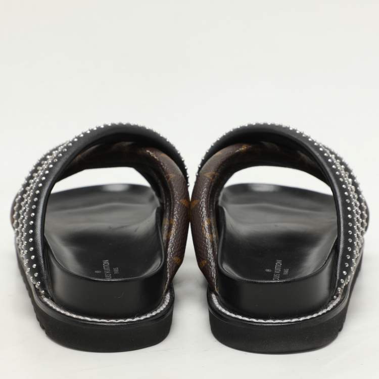 Pre Owned Louis Vuitton Black Monogram Canvas and Leather Slide Sandals Size 37