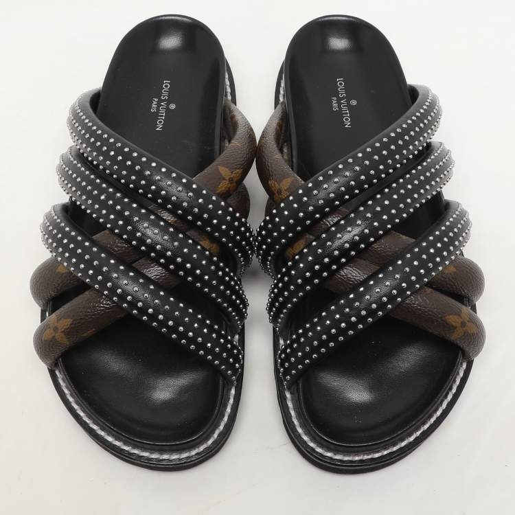 Pre Owned Louis Vuitton Black Monogram Canvas and Leather Slide Sandals Size 37