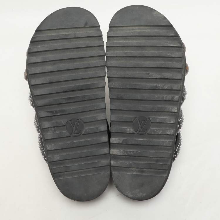 Pre Owned Louis Vuitton Black Monogram Canvas and Leather Slide Sandals Size 37