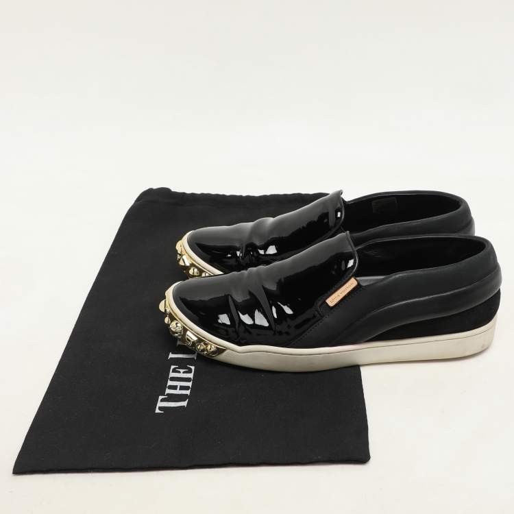 Pre Owned Louis Vuitton Black Suede, Patent and Leather Studded Tempo Slip-On Sneakers Size 36.5
