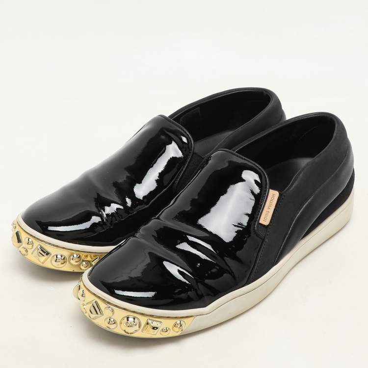 Pre Owned Louis Vuitton Black Suede, Patent and Leather Studded Tempo Slip-On Sneakers Size 36.5