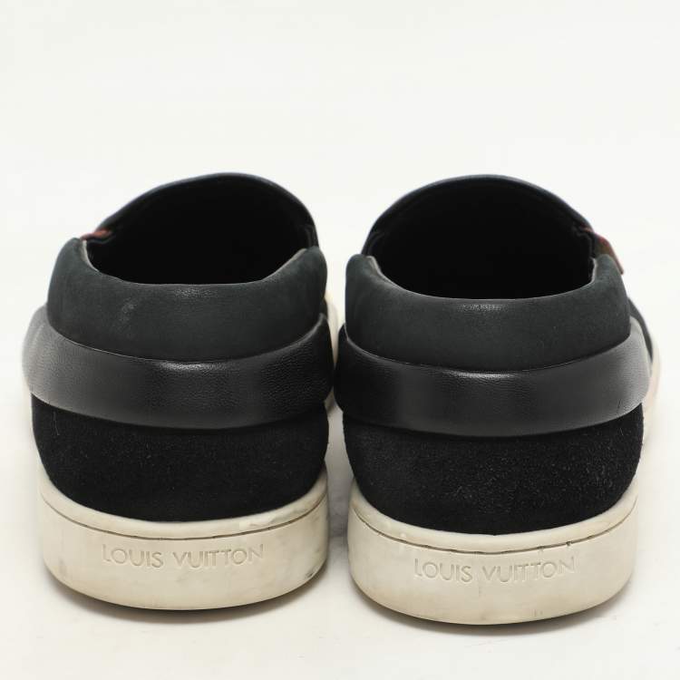 Pre Owned Louis Vuitton Black Suede, Patent and Leather Studded Tempo Slip-On Sneakers Size 36.5