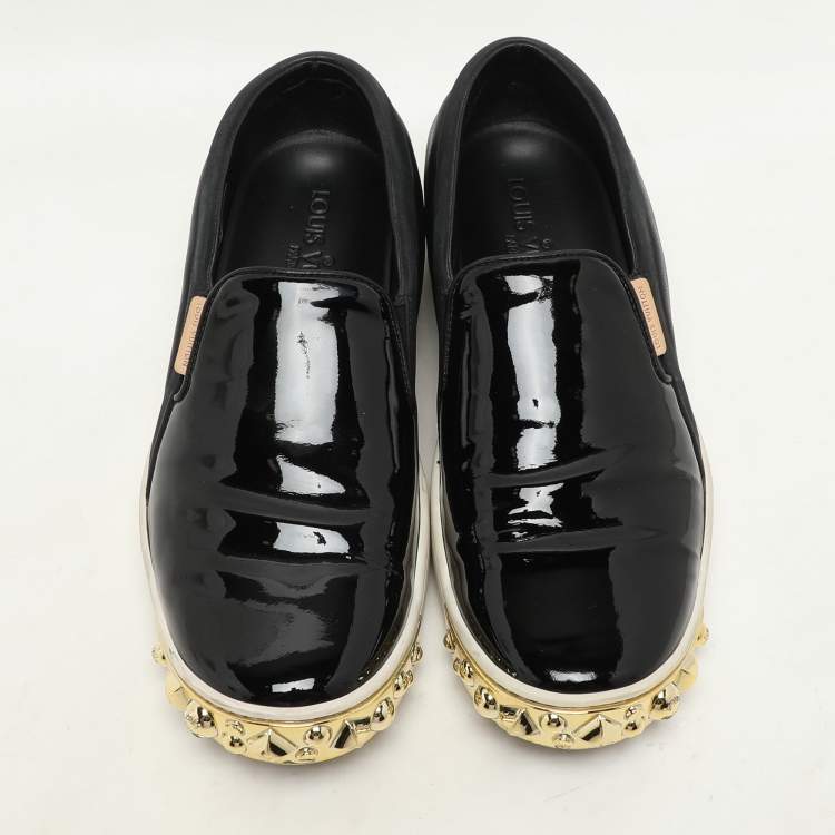 Pre Owned Louis Vuitton Black Suede, Patent and Leather Studded Tempo Slip-On Sneakers Size 36.5