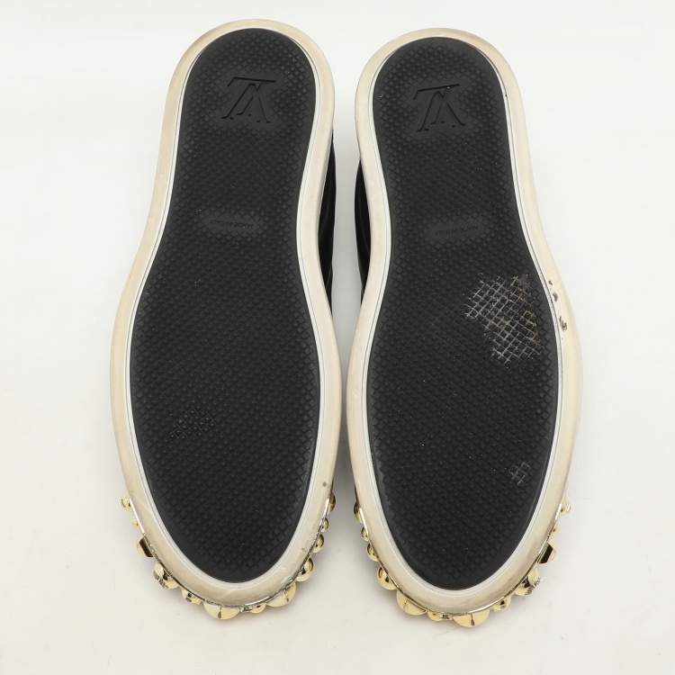 Pre Owned Louis Vuitton Black Suede, Patent and Leather Studded Tempo Slip-On Sneakers Size 36.5