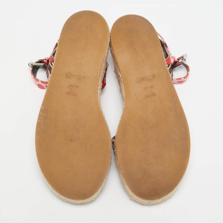 Pre Owned Louis Vuitton Pink Monogram Jungle Dots Hibiscus Espadrille Sandals Size 39