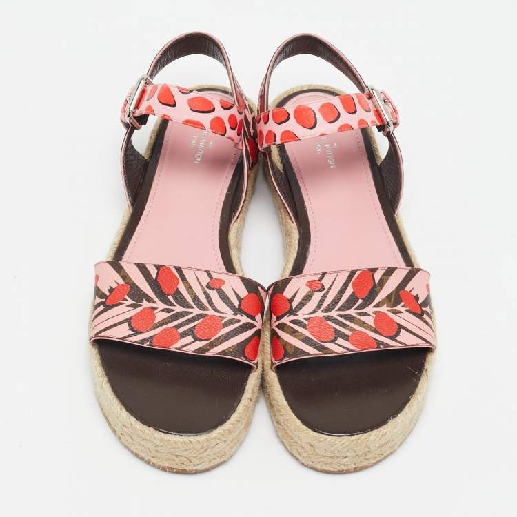 Pre Owned Louis Vuitton Pink Monogram Jungle Dots Hibiscus Espadrille Sandals Size 39