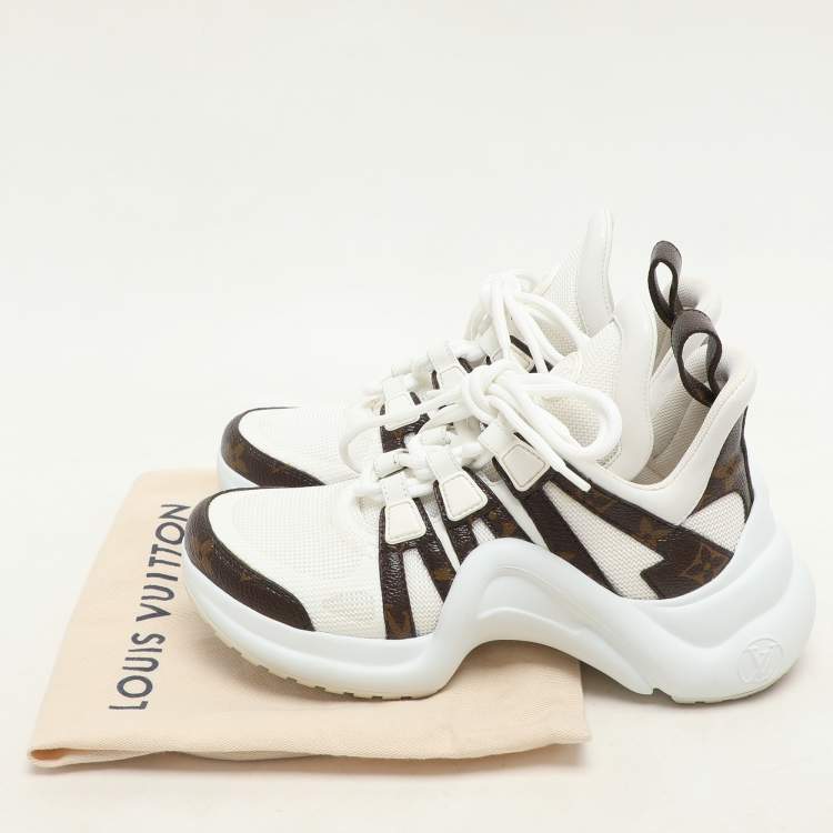 Pre Owned Louis Vuitton White Fabric And Monogram Canvas Archlight Lace Up Sneakers Size 35