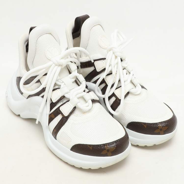 Pre Owned Louis Vuitton White Fabric And Monogram Canvas Archlight Lace Up Sneakers Size 35