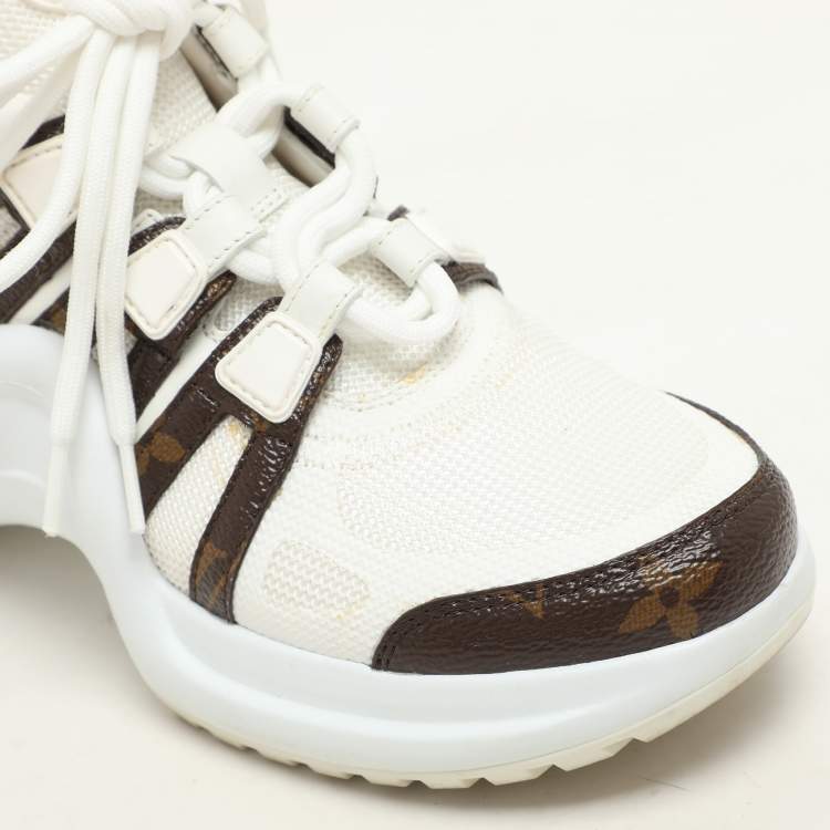Pre Owned Louis Vuitton White Fabric And Monogram Canvas Archlight Lace Up Sneakers Size 35