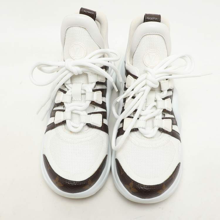 Pre Owned Louis Vuitton White Fabric And Monogram Canvas Archlight Lace Up Sneakers Size 35