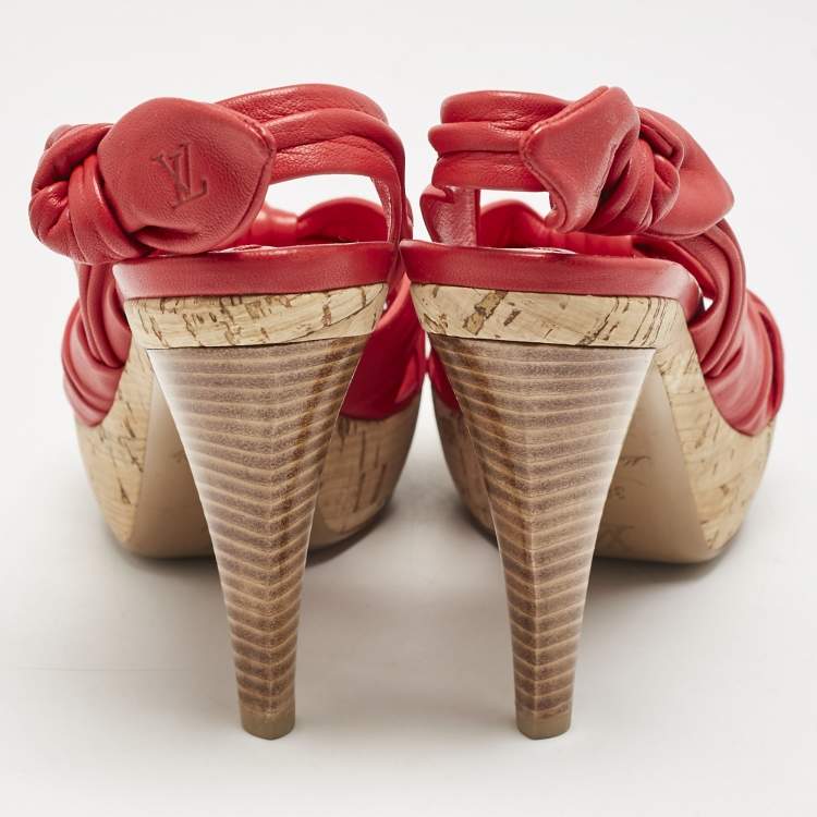 Pre Owned Louis Vuitton Red Leather Platform Slingback Sandals Size 38.5