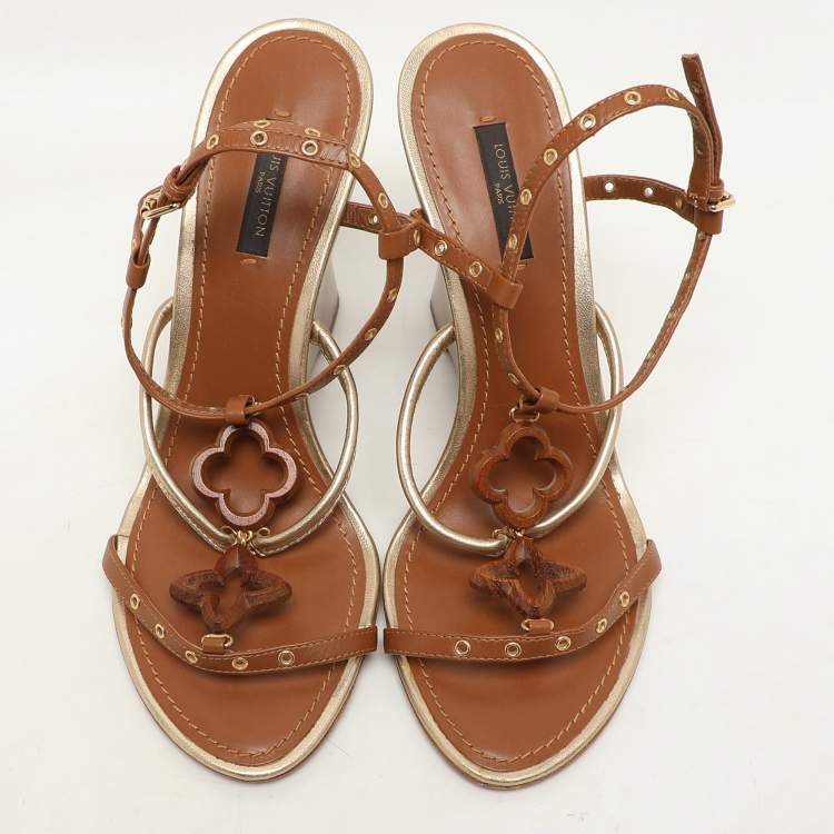 Pre Owned Louis Vuitton Brown Leather Eyelet T-Strap Wedge Sandals Size 38.5
