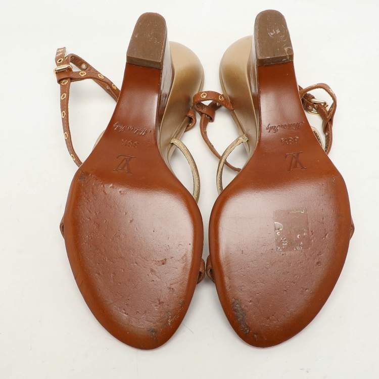 Pre Owned Louis Vuitton Brown Leather Eyelet T-Strap Wedge Sandals Size 38.5
