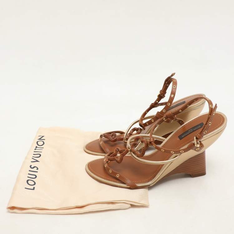 Pre Owned Louis Vuitton Brown Leather Eyelet T-Strap Wedge Sandals Size 38.5