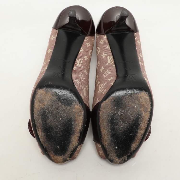Pre Owned Louis Vuitton Burgundy Mini Lin Canvas and Patent Leather Peep Toe Pumps Size 36