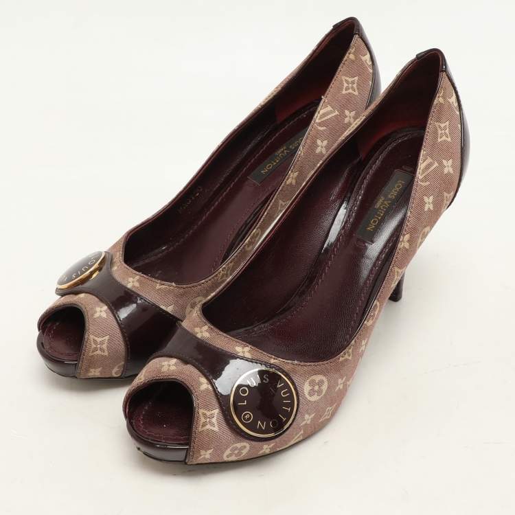 Pre Owned Louis Vuitton Burgundy Mini Lin Canvas and Patent Leather Peep Toe Pumps Size 36