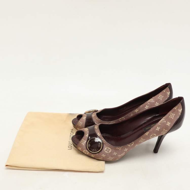 Pre Owned Louis Vuitton Burgundy Mini Lin Canvas and Patent Leather Peep Toe Pumps Size 36