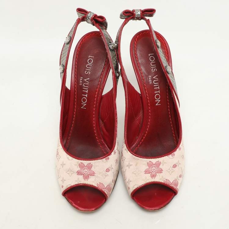 Pre Owned Louis Vuitton Red/Silver Python and Satin Limited Edition Takashi Murakami Slingback Sandals Size 36