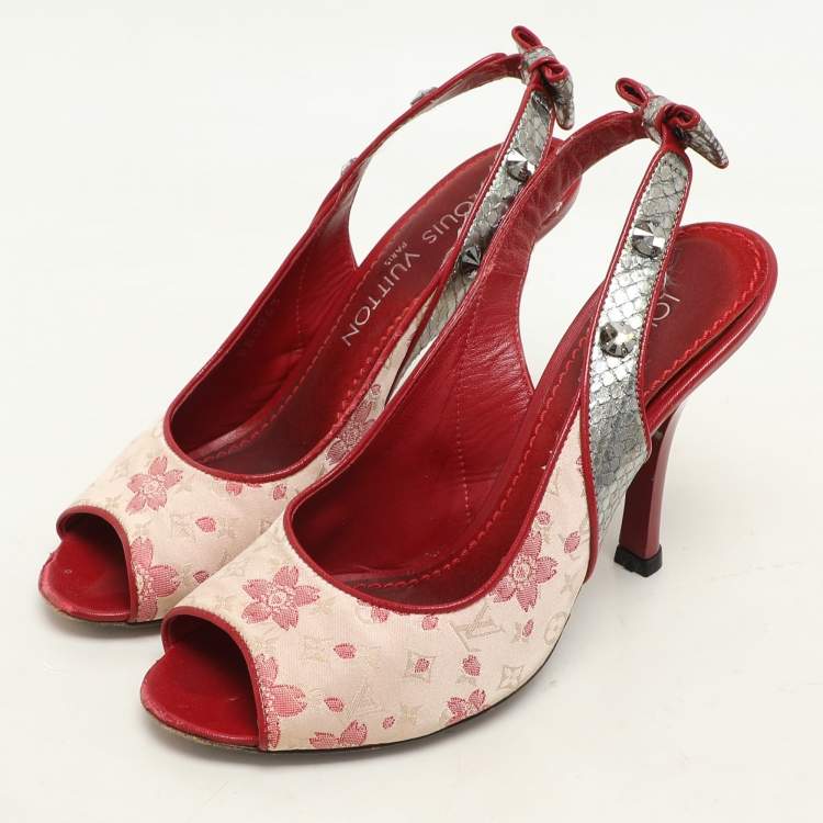 Pre Owned Louis Vuitton Red/Silver Python and Satin Limited Edition Takashi Murakami Slingback Sandals Size 36