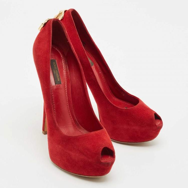 Pre Owned Louis Vuitton Red Suede Oh Really! Platform Peep Toe Pumps Size 38