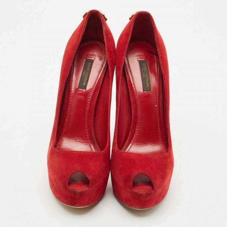 Pre Owned Louis Vuitton Red Suede Oh Really! Platform Peep Toe Pumps Size 38