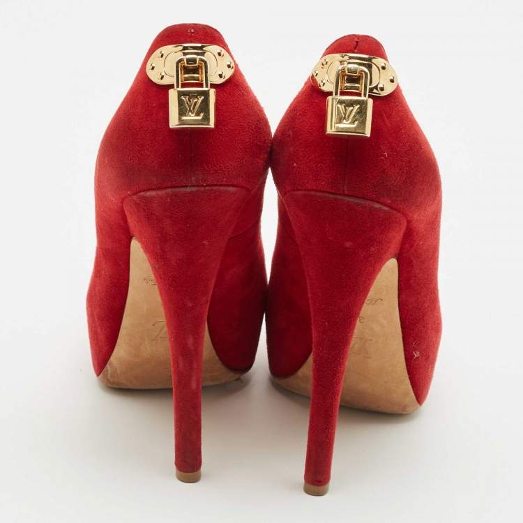 Pre Owned Louis Vuitton Red Suede Oh Really! Platform Peep Toe Pumps Size 38