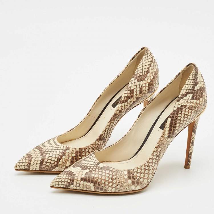 Pre Owned Louis Vuitton Brown/Cream Python Leather Eyeline Pointed Toe Pumps Size 38
