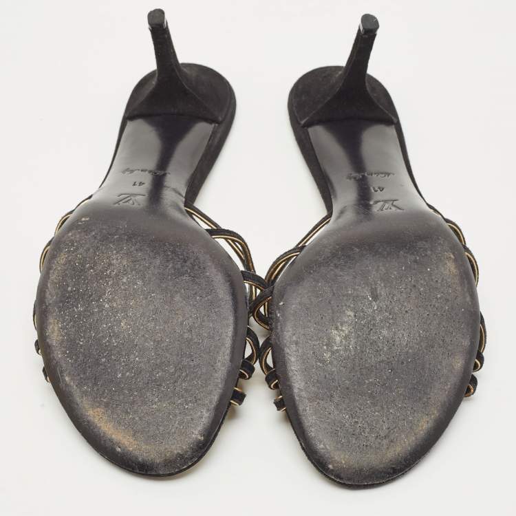 Pre Owned Louis Vuitton Black/Gold Suede Cut Out Slide Sandals Size 41