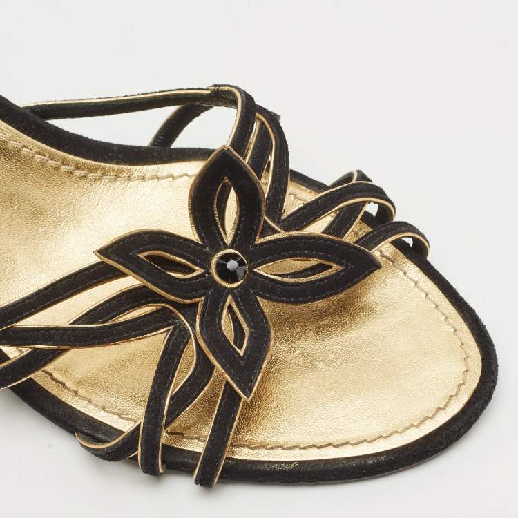 Pre Owned Louis Vuitton Black/Gold Suede Cut Out Slide Sandals Size 41