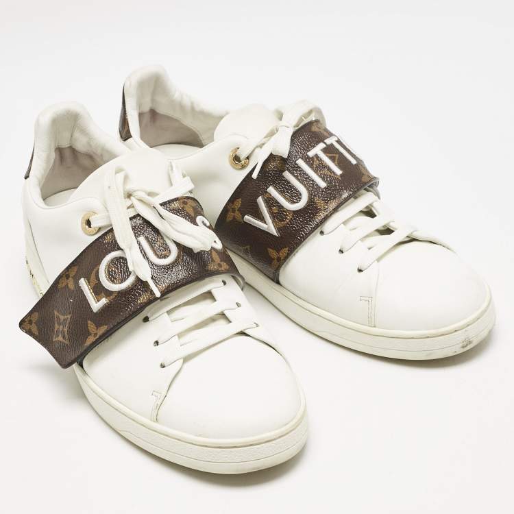 Pre Owned Louis Vuitton White/Brown Leather and Monogram Canvas Logo Strap Frontrow Sneakers Size 40