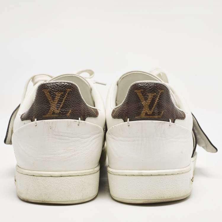 Pre Owned Louis Vuitton White/Brown Leather and Monogram Canvas Logo Strap Frontrow Sneakers Size 40