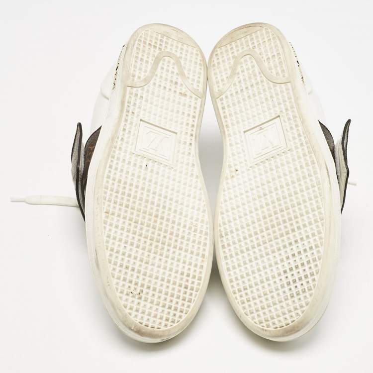 Pre Owned Louis Vuitton White/Brown Leather and Monogram Canvas Logo Strap Frontrow Sneakers Size 40