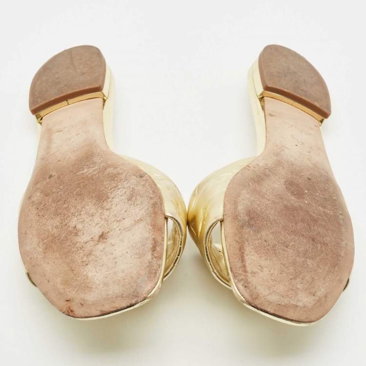 Pre Owned Louis Vuitton Gold Monogram Embossed Leather Revival Flat Slides Size 41