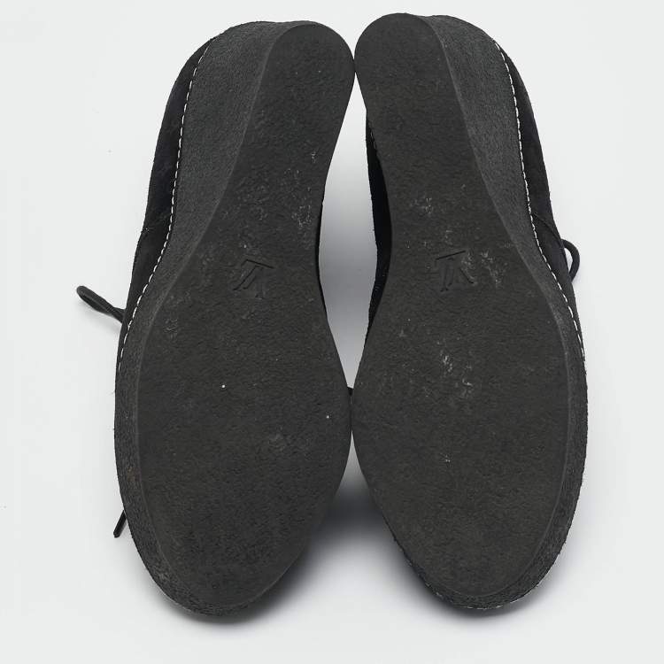 Pre Owned Louis Vuitton Black Monogram Suede Wedge Ankle Boots Size 38