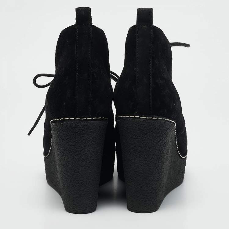 Pre Owned Louis Vuitton Black Monogram Suede Wedge Ankle Boots Size 38