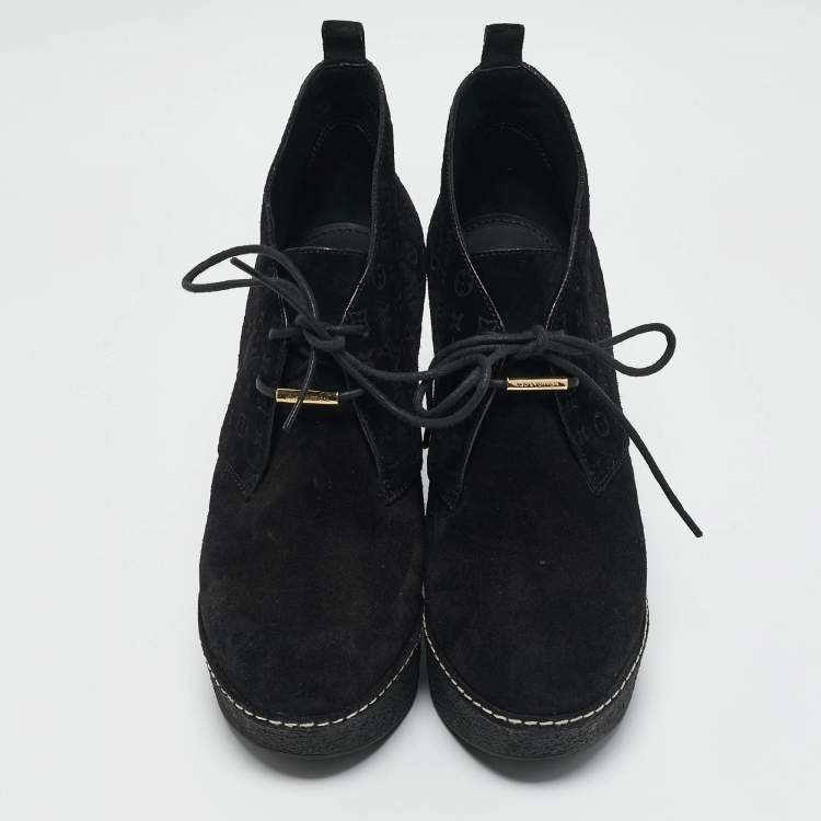 Pre Owned Louis Vuitton Black Monogram Suede Wedge Ankle Boots Size 38