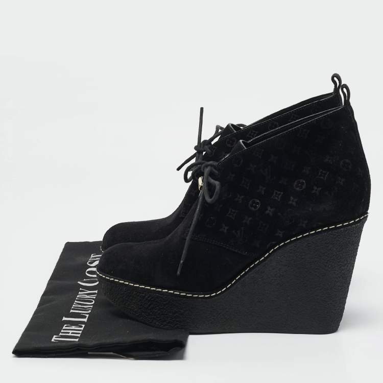 Pre Owned Louis Vuitton Black Monogram Suede Wedge Ankle Boots Size 38
