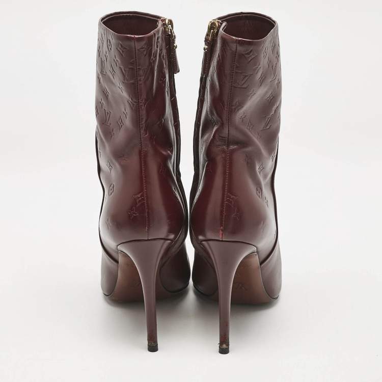 Pre Owned Louis Vuitton Burgundy Monogram Leather Ankle Boots Size 38