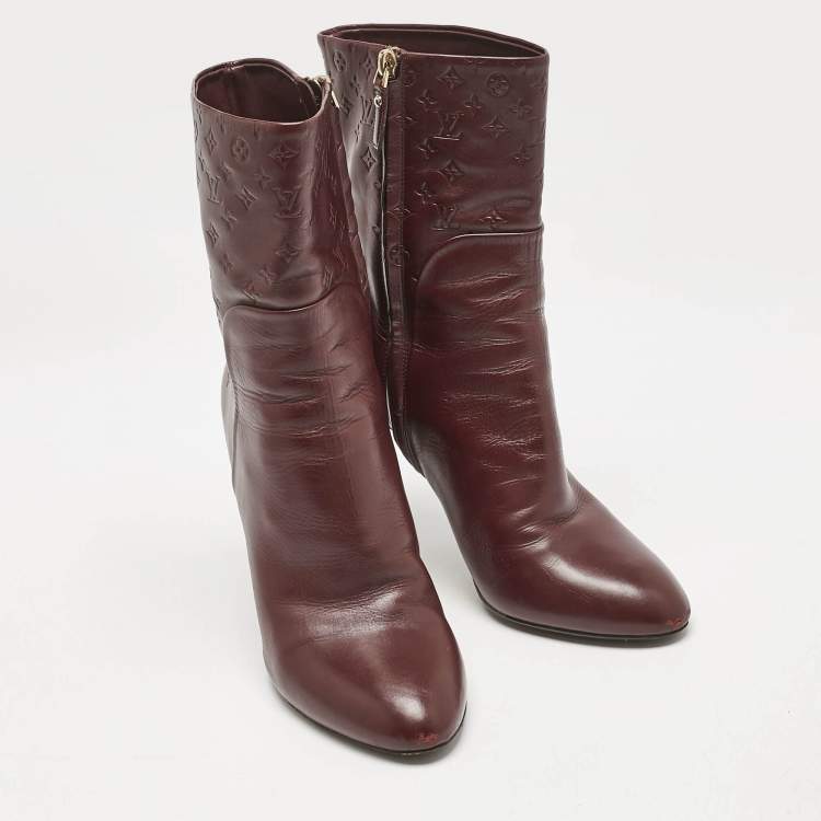 Pre Owned Louis Vuitton Burgundy Monogram Leather Ankle Boots Size 38