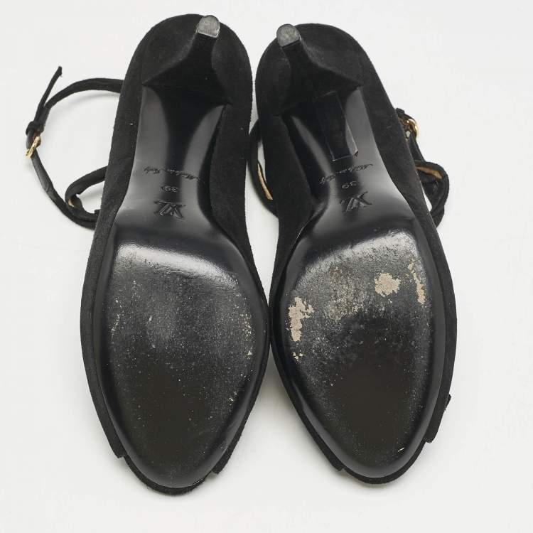 Pre Owned Louis Vuitton Black Suede T-Strap Platform Pumps Size 39