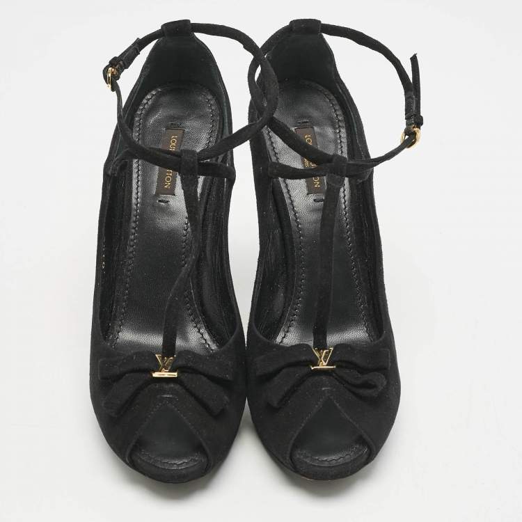 Pre Owned Louis Vuitton Black Suede T-Strap Platform Pumps Size 39