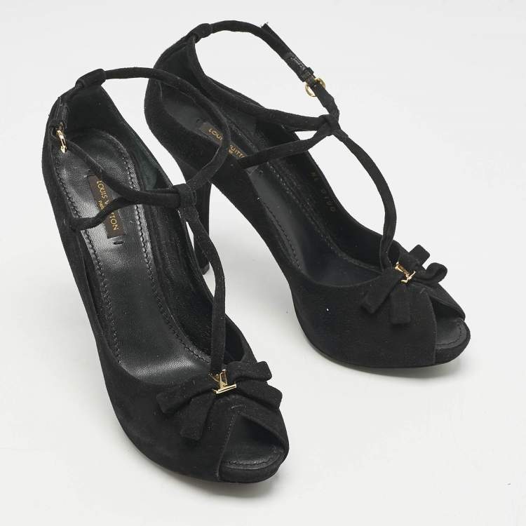Pre Owned Louis Vuitton Black Suede T-Strap Platform Pumps Size 39