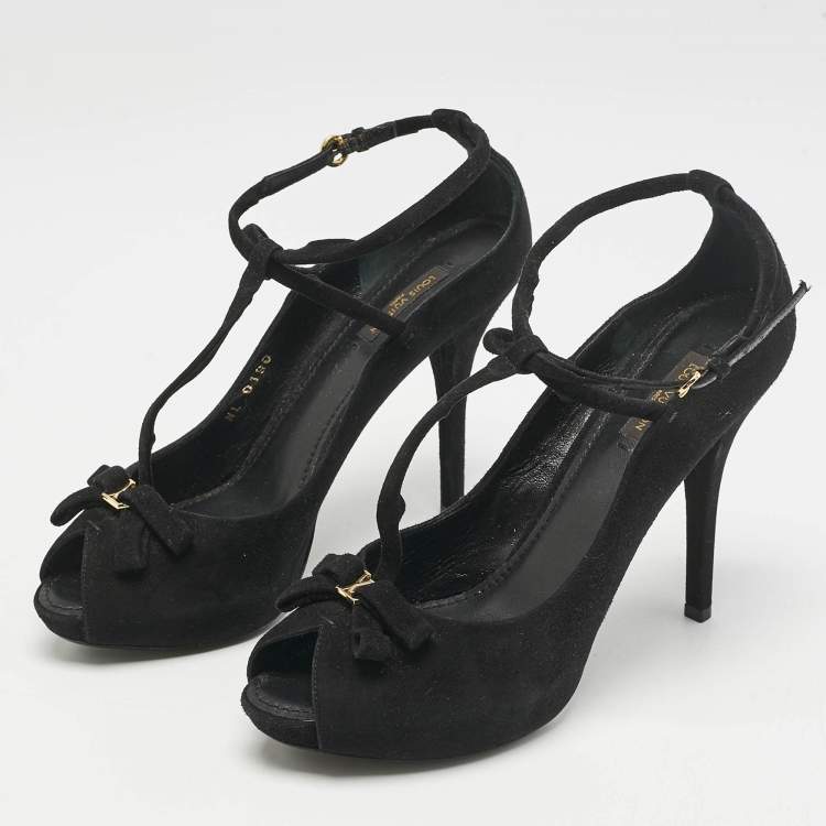 Pre Owned Louis Vuitton Black Suede T-Strap Platform Pumps Size 39