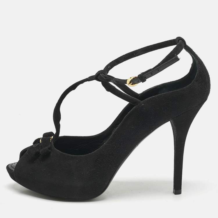 Pre Owned Louis Vuitton Black Suede T-Strap Platform Pumps Size 39