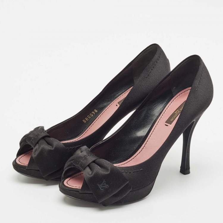 Pre Owned Louis Vuitton Black Satin Bow Peep Toe Pumps Size 37.5
