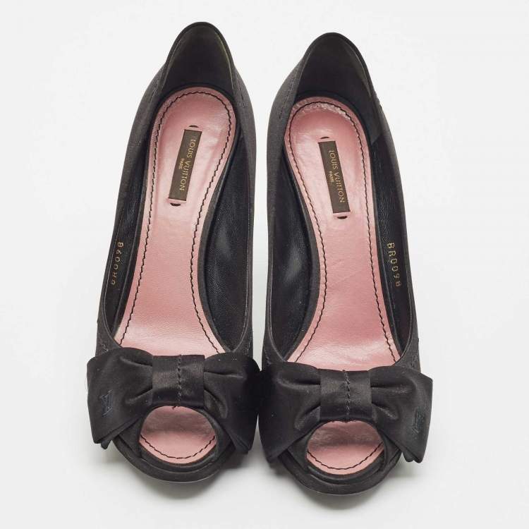 Pre Owned Louis Vuitton Black Satin Bow Peep Toe Pumps Size 37.5