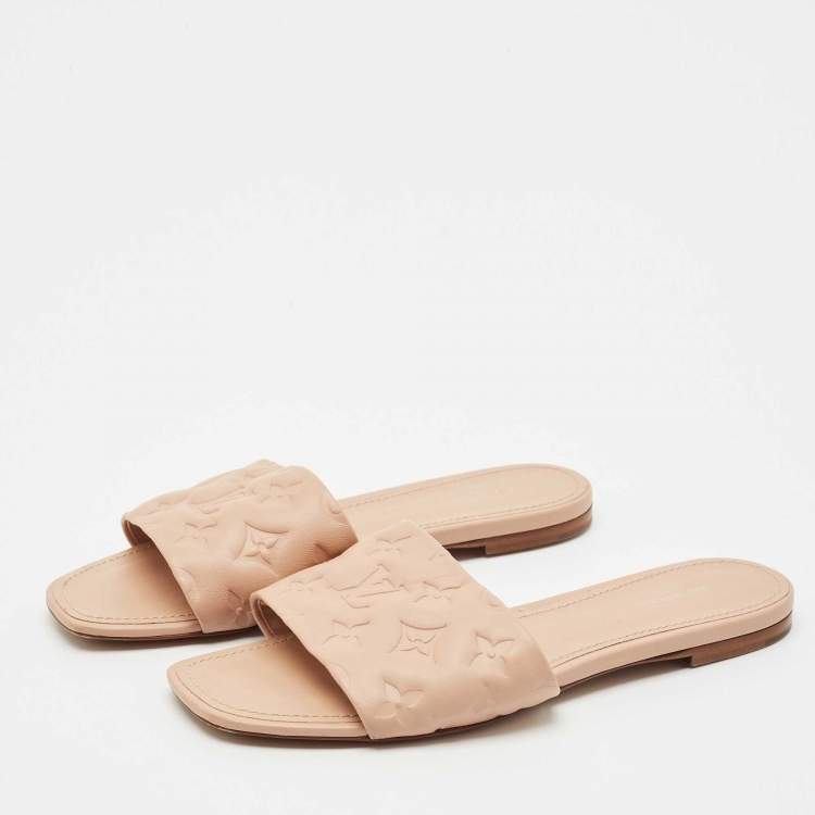 Pre Owned Louis Vuitton Dusty Pink Monogram Embossed Leather Revival Flat Slide Sandals Size 40