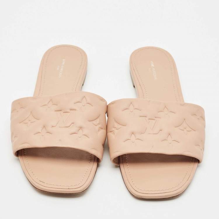 Pre Owned Louis Vuitton Dusty Pink Monogram Embossed Leather Revival Flat Slide Sandals Size 40