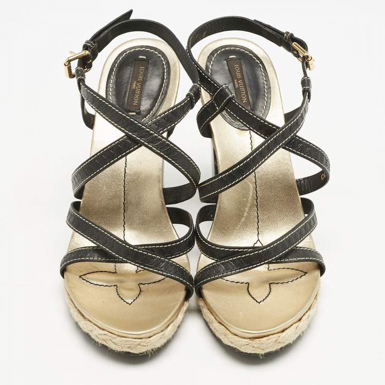 Pre Owned Louis Vuitton Black Monogram Leather Ankle Strap Sandals Size 38